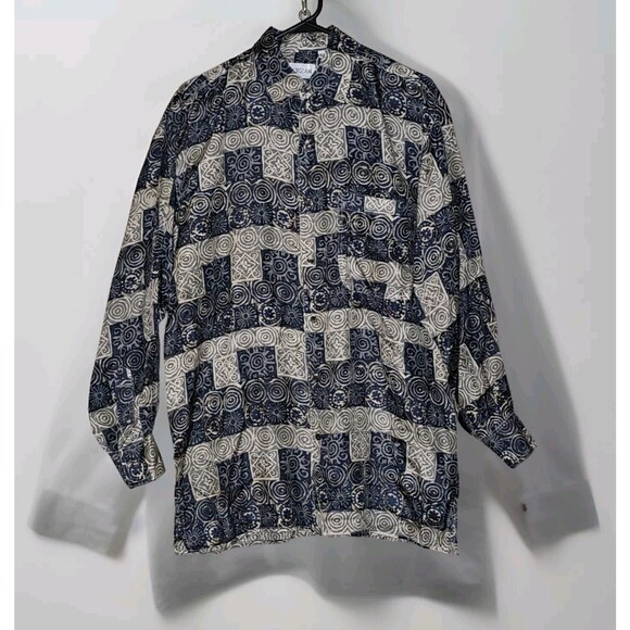 Cezar 100% Silk Shirt Mens Lrg Long Sleeve Button Up Geometric Spirals Vintage - Picture 1 of 11